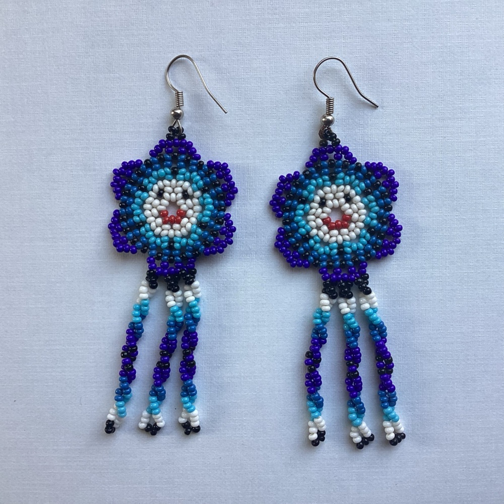 New Import Huichol of Mexico Bead Happy Flowers Dangle Earrings Tribal Art Boho